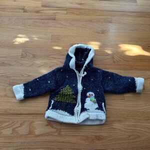 Cozy Navy Hooded Sweater with Snowman Design